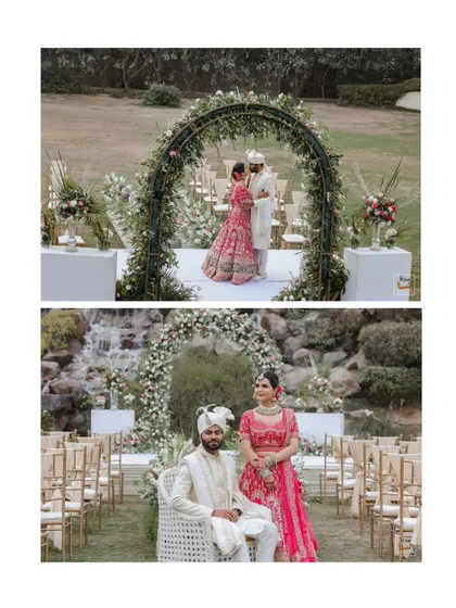 A collage of portraits of the couple at their beautiful outdoor wedding.