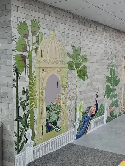 A side view of the tropical Mughal mural at Providence, showing how the design flows along the wall, inviting people into the space.