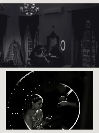 Using a ring light and ambient darkness, we create dramatic, artistic shots of the makeup application process, turning a simple moment into a cinematic frame.