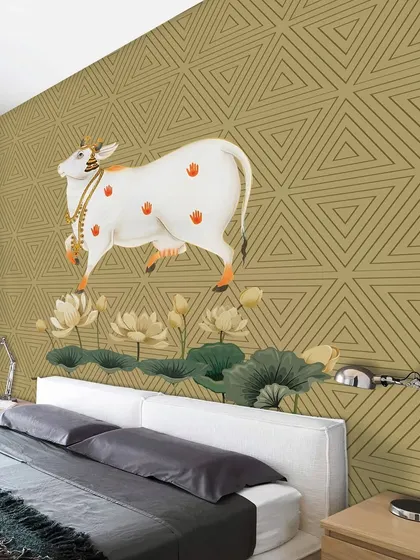 Our Sacred Indian Traditional Pichwai Cow wallpaper turns this bedroom into a peaceful retreat. The traditional artwork and soothing colors create a restful and harmonious environment.