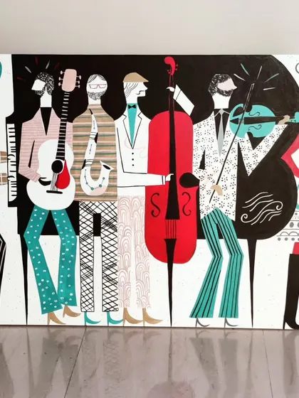 The finished 4ft by 3ft musical themed canvas before it was shipped to the client. The artwork features a stylized band with various instruments, rendered in a unique, graphic style.