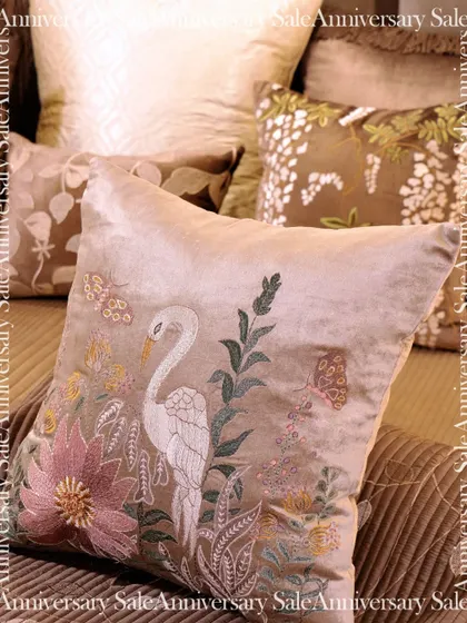 A collection of my nature-inspired cushions, featuring elegant swan and floral embroidery. These pieces, showcased during my anniversary sale, bring a touch of the outdoors inside with refined artistry.