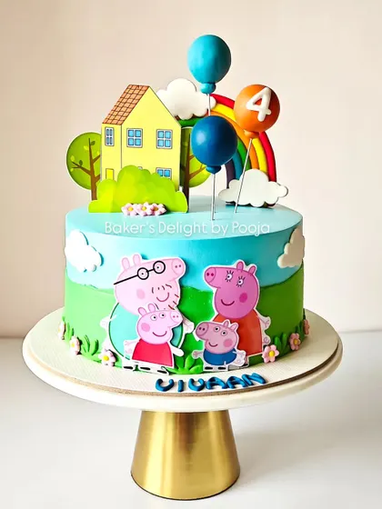 Oink oink! This cheerful Peppa Pig cake brings the whole family together for a fourth birthday celebration. The design includes Peppa, George, Mummy Pig, and Daddy Pig against a bright, sunny backdrop with their iconic house.