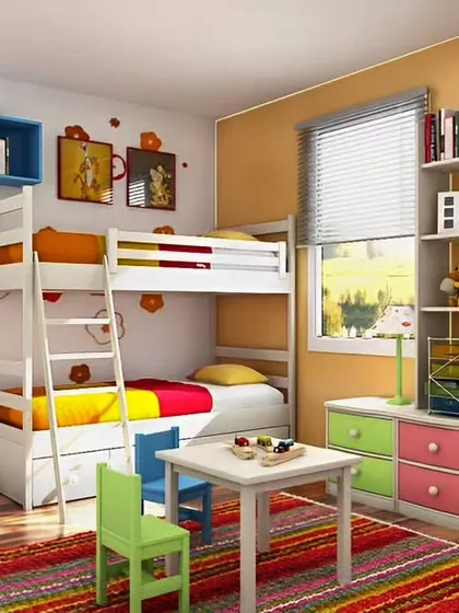 A classic and colorful kids' room with a bunk bed, a small table for activities, and plenty of shelving for books and toys. The vibrant rug adds a playful touch.