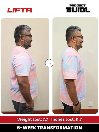 Tahir's side-profile transformation shows a significant 7.7 kg weight loss and 11.7-inch reduction, achieved through disciplined effort day after day.