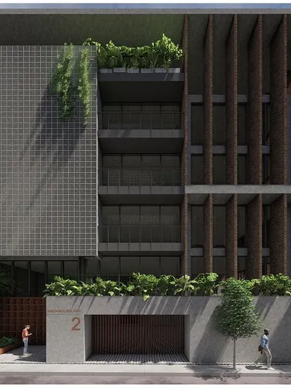 A render for an upcoming commercial building, featuring a facade that combines a textured grid pattern with vertical wooden fins. The design creates a rich interplay of textures and materials, with integrated planters adding a touch of green.