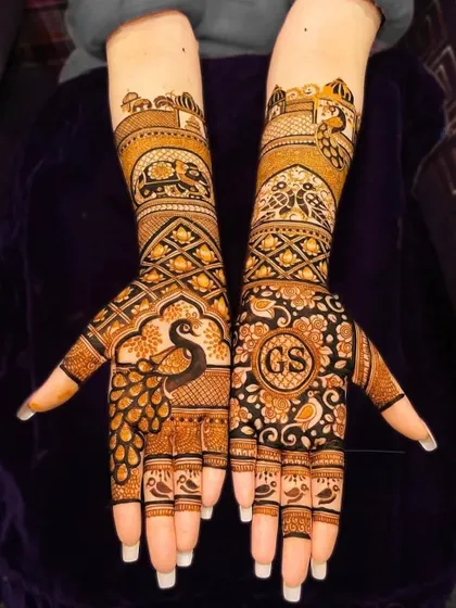 A full bridal design with personalized initials 'GS' and peacock motifs.