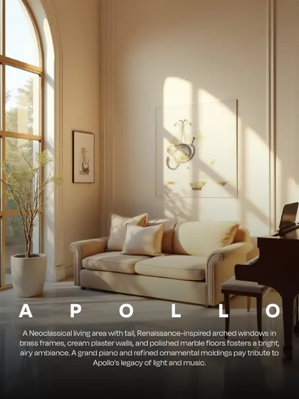 Inspired by Apollo, this AI-generated neoclassical living area is filled with light and music. Tall, arched windows, cream plaster walls, and a grand piano create a bright, airy ambiance that pays tribute to Apollo's legacy.