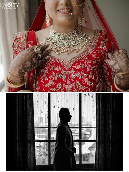 A diptych showing a close-up of the bride's jewelry and a dramatic silhouette of the groom against a city skyline. We capture both detail and mood.