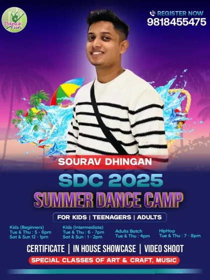 This poster details the schedule for all of Sourav's classes at the Summer Dance Camp, from beginners to the Hip-Hop batch.