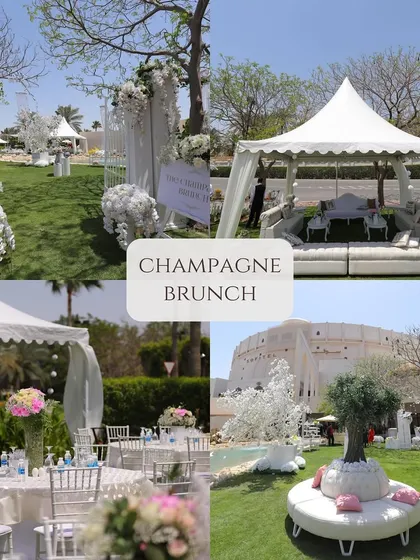 A collage showcasing a "Champagne Brunch" theme, with crisp white tents and decor on a lush green lawn, perfect for a sophisticated daytime event at a destination resort.