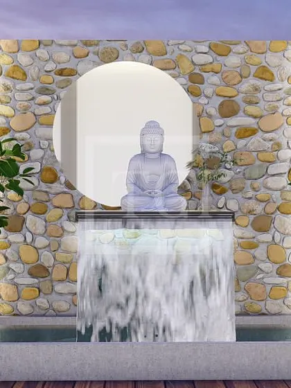 A proposed design for a Kolkata project, focusing on a tranquil water feature with a cascading waterfall, a stone-clad wall, and a peaceful Buddha statue.