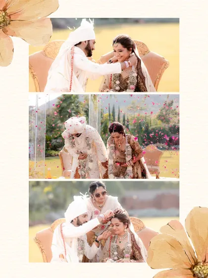 A collage capturing the sacred rituals of an Udaipur wedding, with the couple exchanging blessings and being showered with petals.