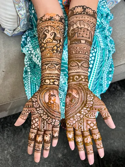 This bridal design with portraits in hearts has developed a lovely, dark stain, perfect for the wedding day.