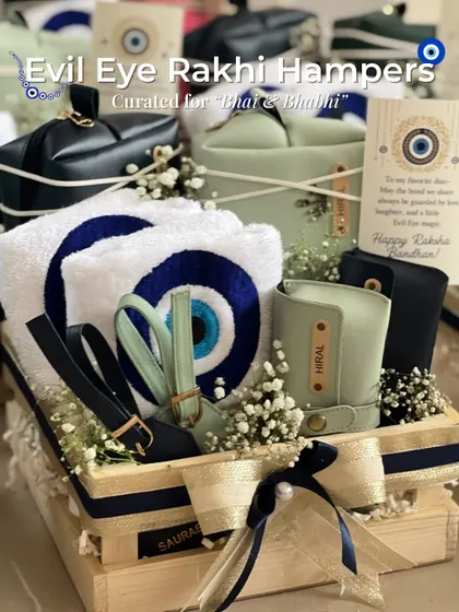 My Evil Eye Rakhi Hampers are curated for the favorite duo, "Bhai & Bhabhi". This hamper includes personalized pouches and evil-eye embroidered towels, all packed in a rustic wooden crate.