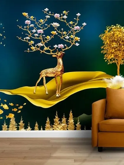 A magical and luxurious 3D wallpaper concept featuring a golden deer with flowering antlers. This design blends nature with fantasy for a truly unique and opulent look.