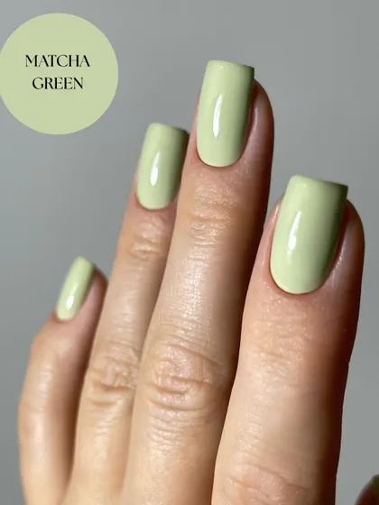 A closer look at a perfect summer shade: Matcha Green. It's a soft, creamy green that's both trendy and refreshing.