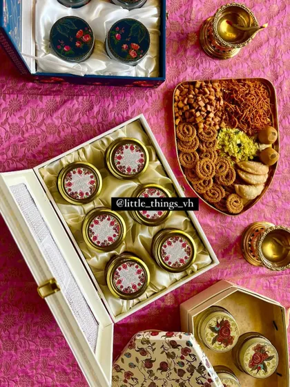 Our love for tradition extends to festivals. Here are our custom Diwali `faraal` hampers, filled with homemade snacks and beautifully packaged for gifting, sharing the taste of home with your loved ones.