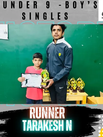 Tarakesh secures his first victory as a runner-up in the Under-9 Boys Singles category. This is a great milestone for a young player.