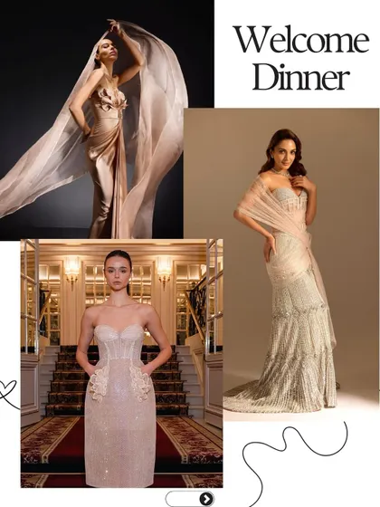 For a welcome dinner, I suggest elegant and ethereal gowns. This mood board features soft, flowing dresses with delicate embellishments that create a romantic and inviting first impression.