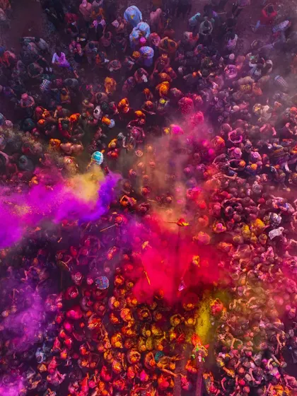 Capturing the chaos and color of Holi in Braj from above is an experience like no other. It’s a vibrant explosion of devotion and joy, and getting this top-down aerial shot required navigating a crowded airspace to freeze this perfect moment of celebration.