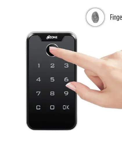 A close-up showing the fingerprint access feature of the OZFL-203-PF furniture lock. It can store up to 10 different fingerprints, providing secure and personalized access for multiple users.