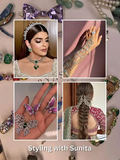 A collection of stunning luxury bridal accessories, from crystal hair bows and headbands to intricate hathphools and braided hair jewelry.