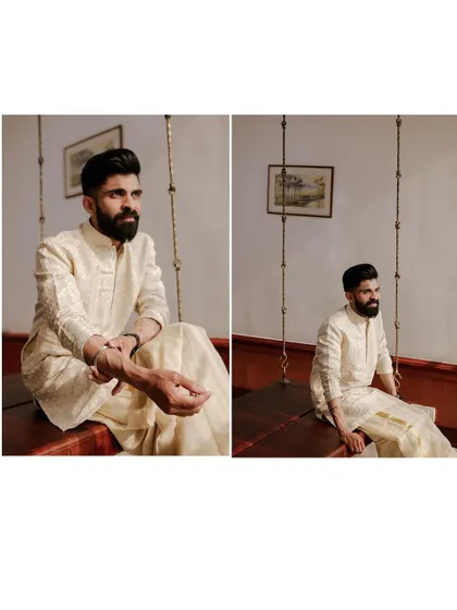 A collage of the groom's stylish portraits in his wedding attire.