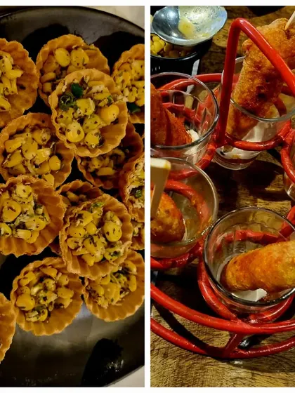 A close-up of some of our popular appetizers. On the left are savory corn tarts, and on the right are crispy cheese lollipops. These bites are perfect for cocktail hours and parties.