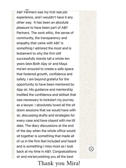 Mira's detailed recollection of her time at A&Y highlights our emphasis on transparency, community, and open discussion. These are the pillars of our firm's work ethic.