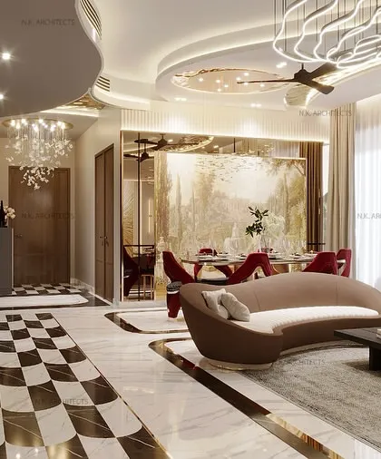 We love playing with curves to create flow and grandeur. This living and dining space features a seamless curved ceiling and a bold, checkered floor inlay, defining the area with a sense of modern luxury.