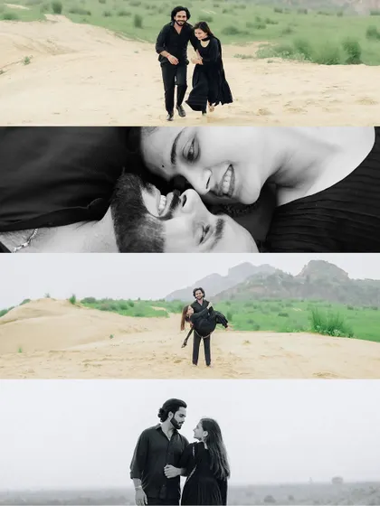 A collage of black and white images from a sand dune shoot, capturing a range of romantic and playful moments.