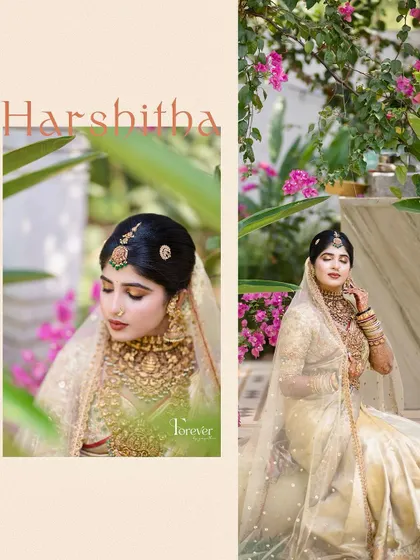 A beautiful, artistic collage of the bride, capturing her serene beauty and the elegance of her traditional attire.