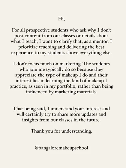 A note on my teaching philosophy. I prioritize the learning experience over marketing, which is why students join me to learn the specific, high quality style of makeup they see in my portfolio.