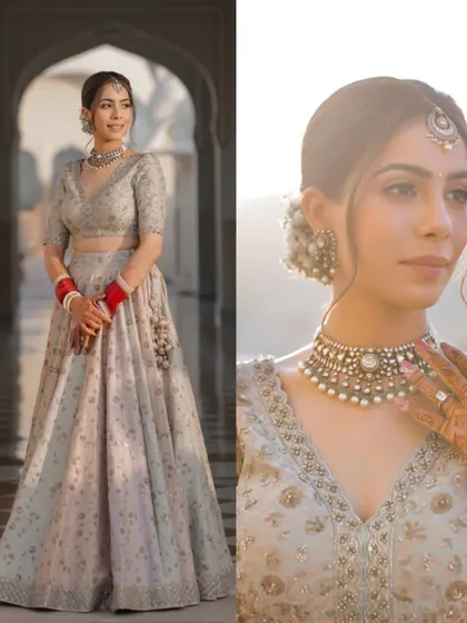 A collage of the bride's portraits, highlighting her jewelry and elegant look at her Jaibagh Palace wedding.