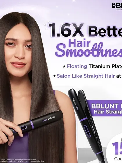 A digital ad for the BBlunt Pro Hair Straightener. This visual combines a model using the tool with text callouts about "Hair Smoothness" and product features, created for e-commerce and social media promotions.