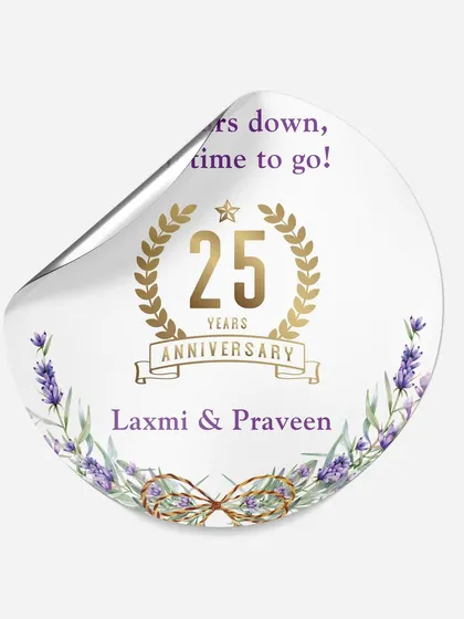 To celebrate 25 years of love, I designed these elegant anniversary stickers. Featuring a golden crest and a lilac floral motif, they are perfect for sealing envelopes or decorating party favors with a personal touch.