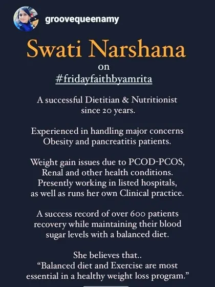 A very kind post summarizing my 20 years of work as a dietitian. I have a lot of experience helping with obesity, PCOD, kidney issues, and pancreatitis. My goal is always to create a balanced diet that works for you.