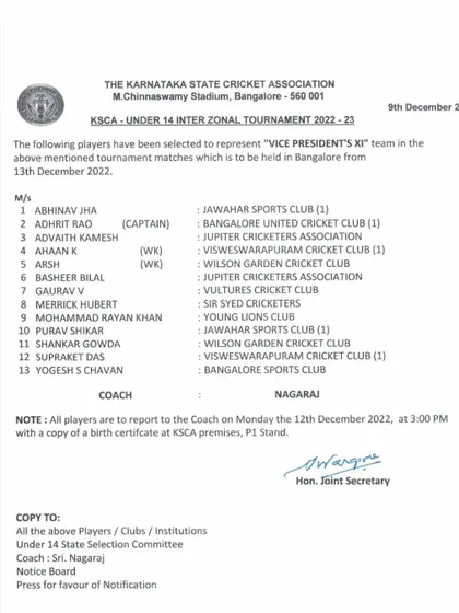 More success! Another official KSCA selection list for the Vice President's XI team, featuring more of our talented academy players.