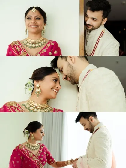 A collage of candid moments between the bride and groom. From the groom peeking around a corner to the couple sharing a laugh, it tells a story of their playful and loving relationship.