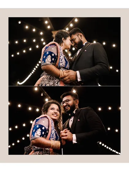 A collage of romantic moments under the stars and fairy lights at the couple's wedding reception.
