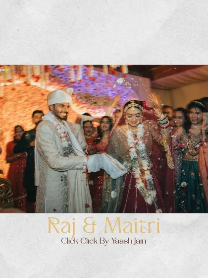 A beautiful moment of celebration as Raj and Maitri are showered with petals. This image captures the joy and energy of the wedding ceremony.