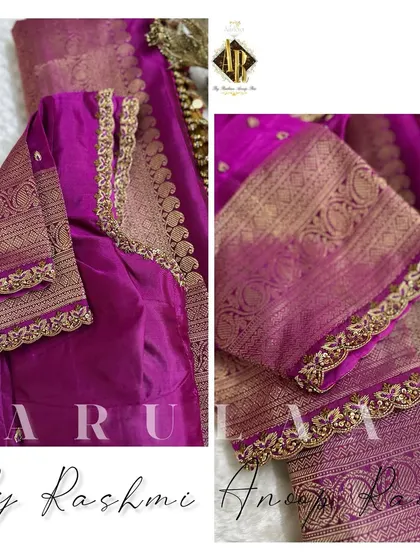 A magenta blouse with a simple scalloped border on the neckline and sleeves. This is a great example of how a little bit of handwork can elevate a simple blouse.