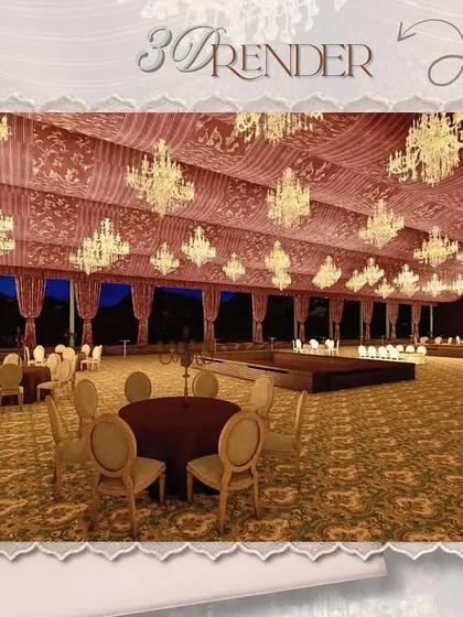 A 3D render of the 200-foot long 'Shamiyana' dining hall. This digital visualization allowed us to perfect the layout, lighting, and fabric draping before beginning the physical construction.