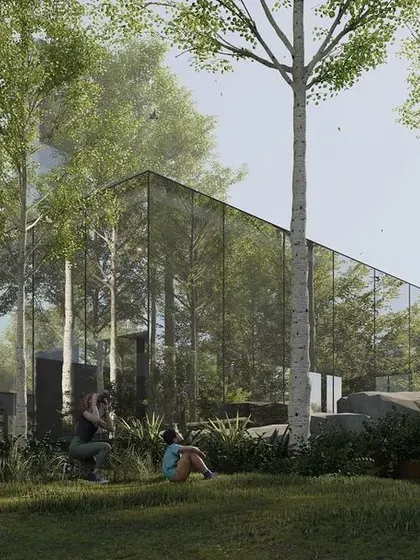 In our "Urban Oasis" concept, the minimalist, reflective buildings are discrete objects within the landscape. The design prioritizes the creation of a "people space," where visitors can relax and interact in a setting that feels like a natural forest.