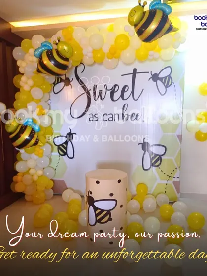 "Your dream party, our passion." This sweet bee themed setup with its "Sweet as can bee" backdrop is a perfect example of how we pour our passion into creating an unforgettable day for you.