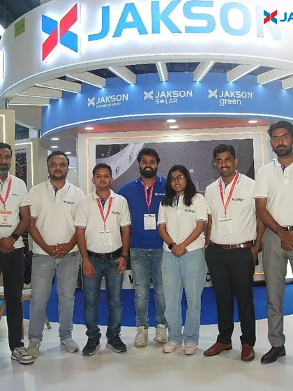 The Jakson team stands proudly at our REI Expo booth. We are here to showcase our advanced solar modules and smart energy solutions that power a sustainable world.