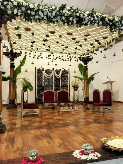 The full view of the traditional mandap setup at Gubbi Goodu Resort, showing how we integrate grand structures with the venue's architecture to create a seamless and impressive wedding environment.