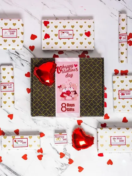 Make Valentine's week unforgettable with my '8 Days 8 Gifts' box. Each day reveals a new surprise, from a golden rose and couple's rings to a personalized frame and wallet, all individually wrapped and tagged for a week-long celebration.