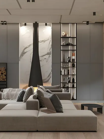 A modern living room with a suspended fireplace and built-in shelving. The neutral color palette and mix of marble and wood textures create a sophisticated and minimalist look.